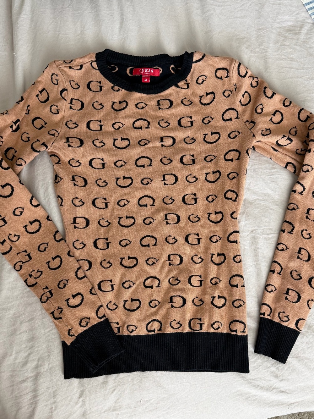 GUESS Tan Crewneck Sweater with Black Logo Print and Trim